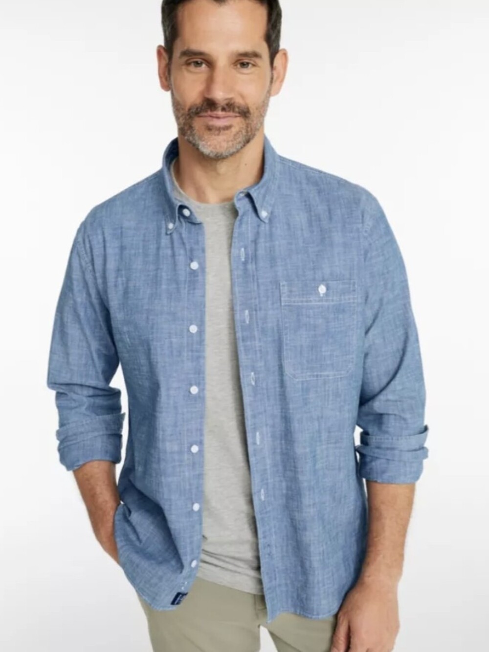 LL Bean Mens Shirt XL Tall Slightly Fitted Comfort Stretch Chambray Blue Button
